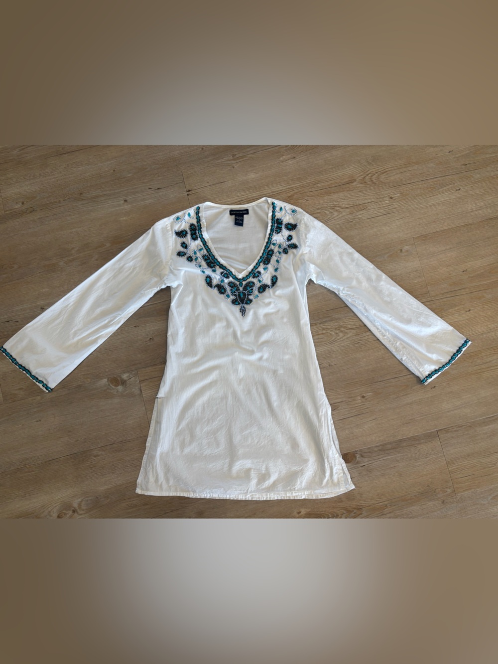 Boston Proper White Swim Coverup with Teal Embroidery